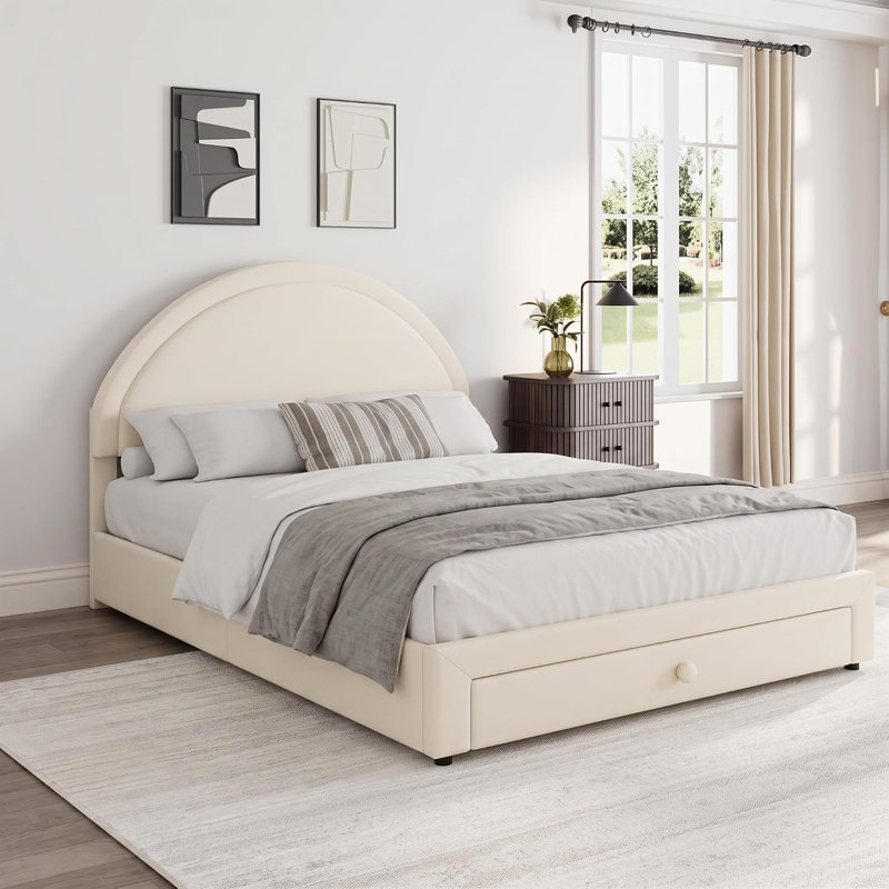 Structure de lit double tapissier en chenille avec tiroir de rangement, beige, Beige, grand