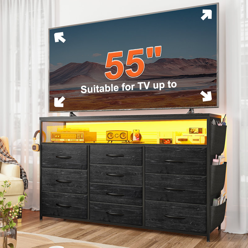 Commode 43,8 po avec lumières à DEL, station de charge, 10 tiroirs en tissu et assemblage facile, Noir