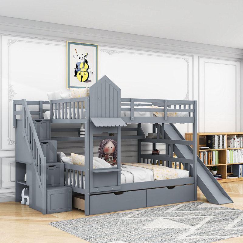 2 Drawers Bunk Bed with Storage Stairs, Slide and Shelves, Full over Full, Gray