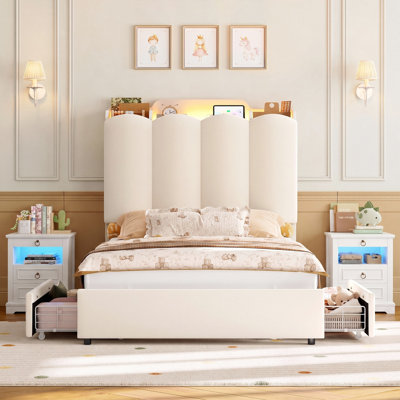 Ensemble de chambre 3 pièces, cadre de lit plateforme capitonné moderne avec tiroirs de rangement et ensemble de 2 tables de chevet à 3 tiroirs avec éclairage DEL RVB et station de recharge