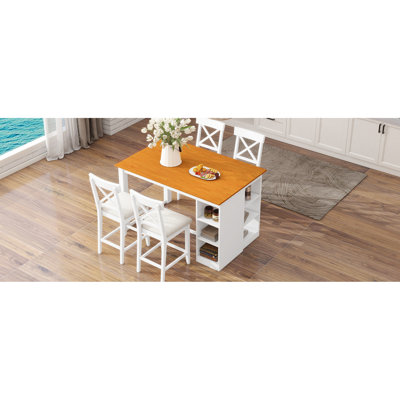 Table de salle à manger blanche avec 3 rangements, table à hauteur de comptoir et chaises à dossier croisé, bois massif pour une installation en bois, blanc, améliorant votre style de vie