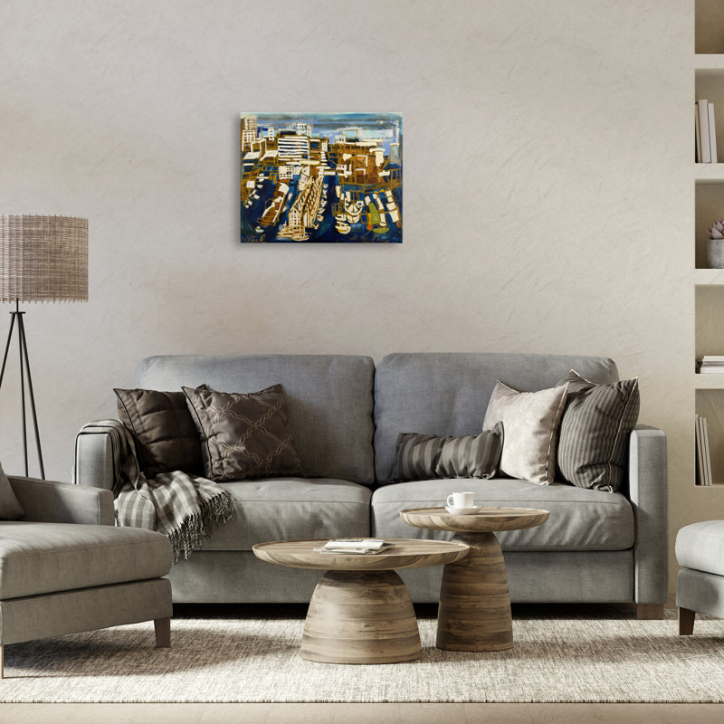 Toile abstraite audacieuse avec paysage urbain, design par Erin McGee Ferrell, H 16 po x l 20 po