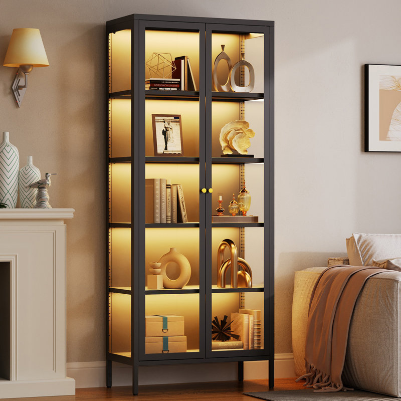 5-Tier Black 3-Sided Glass Dining Cabinet with Lights, Metal Display Stand, Black