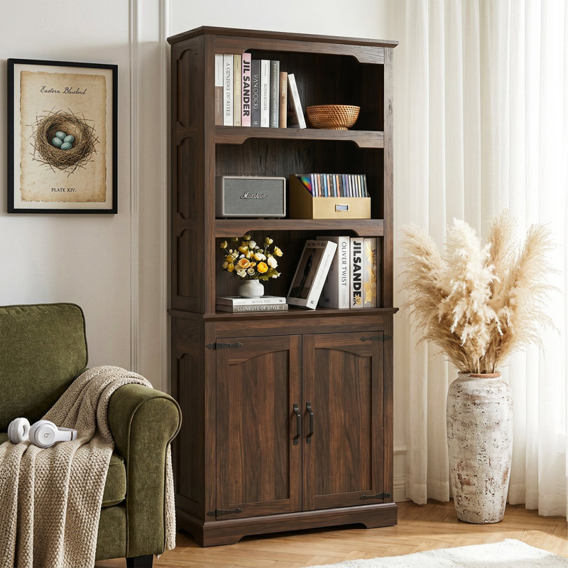 70" H X 31.5" W Standard Bookcase With Wood Doors,  Walnut