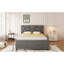 Lit plateforme tapissier très grand en lin gris et lit simple TG avec tête de lit à motif brique, lit stable, structure en bois