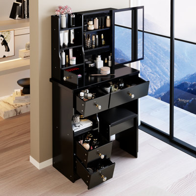 Small - Space Fit 29.2" Left Drawer Vanity Table And Stool , Extra Large Sliding Mirror, Multi Layer Storage, American Design Style, Black Adapted Design,
