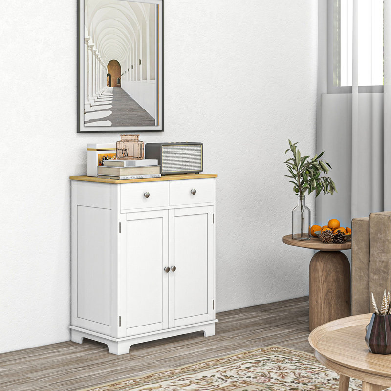Buffet de rangement Modern Kitchen - comptoir en bois massif, 2 tiroirs, portes, tablette ajustable, blanc cassé, comptoir, armoire de rangement