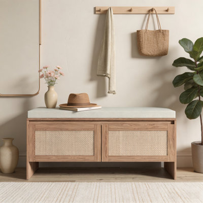 PP Rattan Storage Bench with Cushion, Mid-Century Modern Shoe Cabinet with 2 Doors – Entryway Bench with Faux Rattan Storage for Hallway, Bedroom & Mudroom, Natural Finish