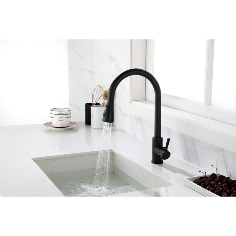 Robinet de cuisine extractible en noir mat, matériau en acier inoxydable, buse rotative à 360 °, poignée simple pour un débit d'eau simple et gestion de la température du robinet, acier noir, rotation facile