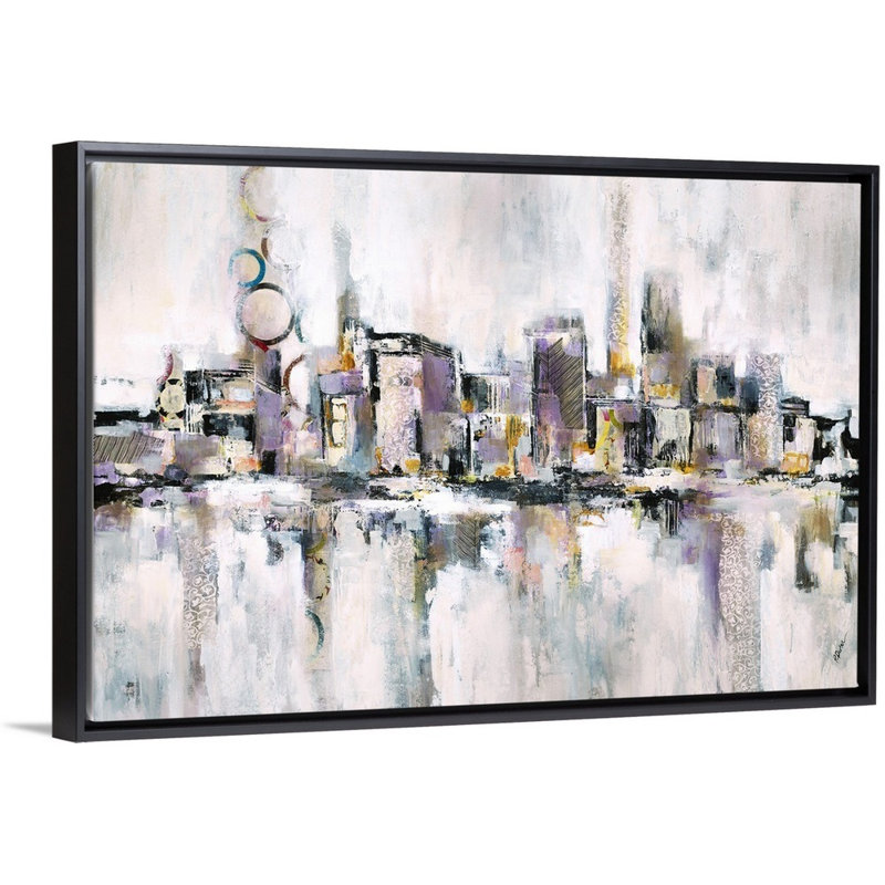 « travers the city », peinture sur toile, Cadre flottant noir, H 33,7 po x l 49,7 po x P 1,75 po