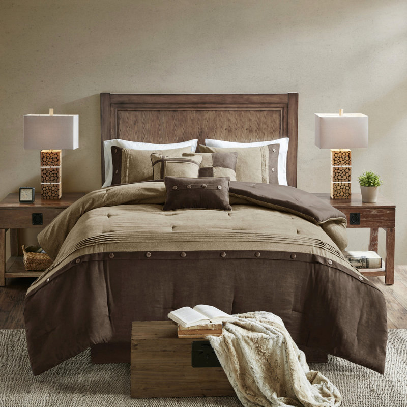 7 Piece Brown Faux Suede - King Comforter , Soft Texture Brown, Decorative Buttons, Brown