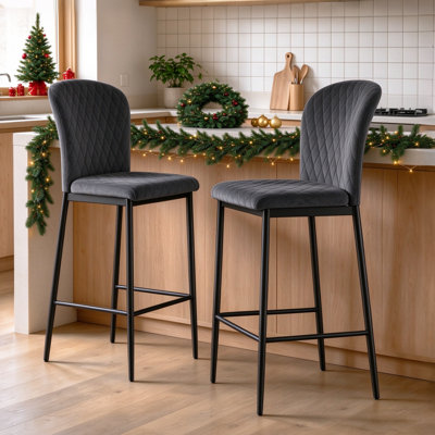 Modern Velvet/Suede Upholstered Bar Stools Diamond Quilted, Armless Counter Height Stools with Backrest, Sturdy Metal Legs with Footrest (Set of 2/4)