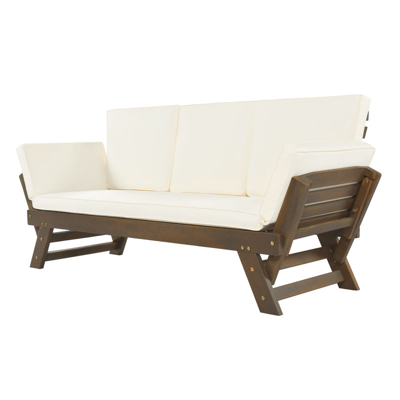 80.9'' Wide Straight Acacia Patio Sofa with Cushions, Beige, Brown