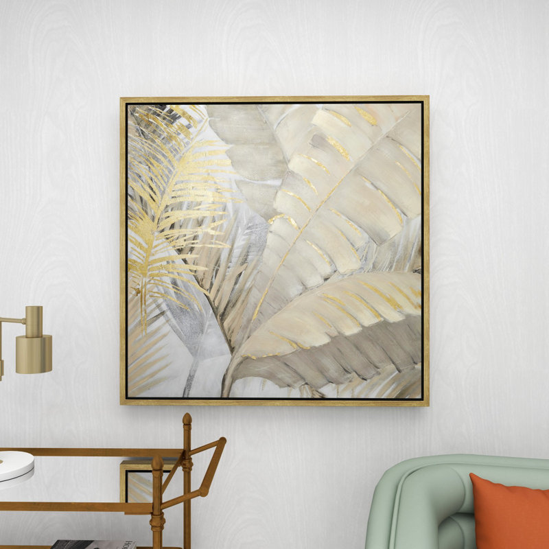 Gold and Gray Palm Leaf Framed Canvas Wall Art, 40" x 40"