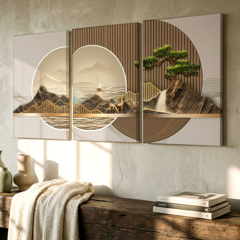 Ensemble de 3 pièces d'art mural paysage géométrique moderne avec éléments de la nature, art mural trois pièces pour le salon, la chambre à coucher et le bureau, aspect encadré