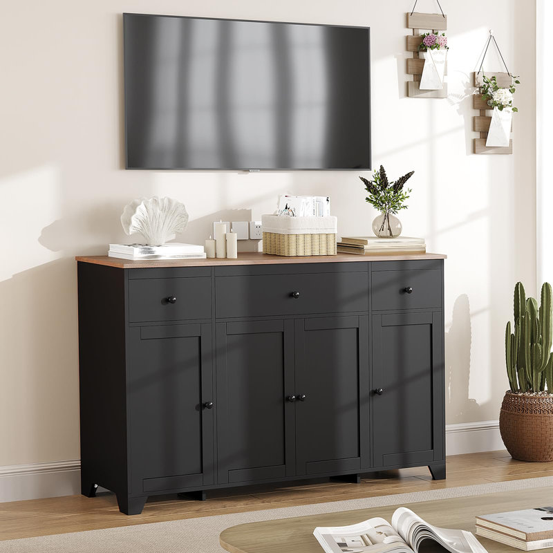 55" Large Sideboard Buffet Cabinet Farmhouse Kitchen Storage Cabinet Console Table Coffee Bar Buffet Table with Shelf, Black
