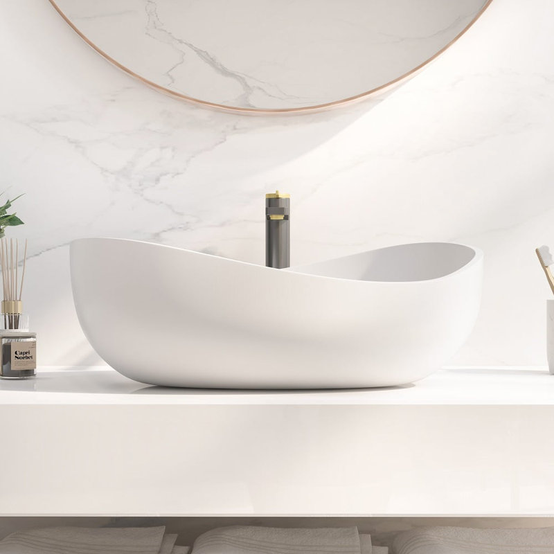 Oval Vessel Sink Stone Resin Bathroom Sink Modern Art Sink Matte White with Pop Up Drain (Matte White)