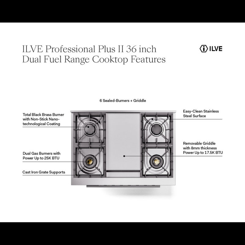 ILVE Professional Plus II 36 Dual Fuel Range, Blue/Gray, Liquid Propane