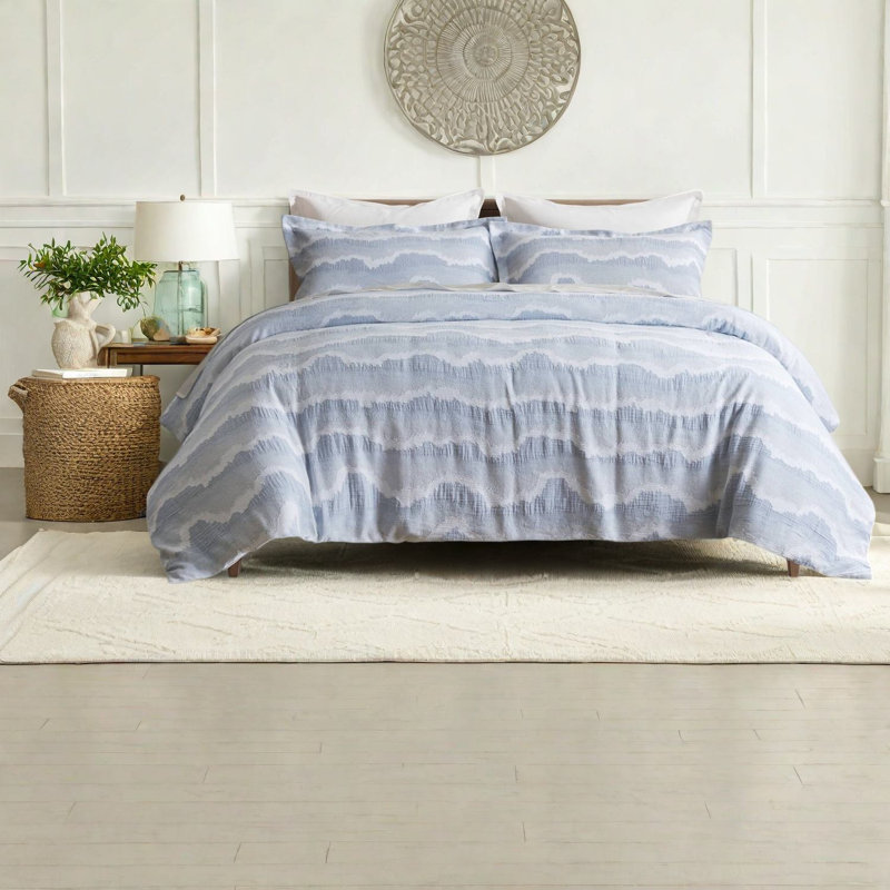 Premium 3-Piece King Bedding Sets, Blue Cotton Jacquard Duvet Set for Home