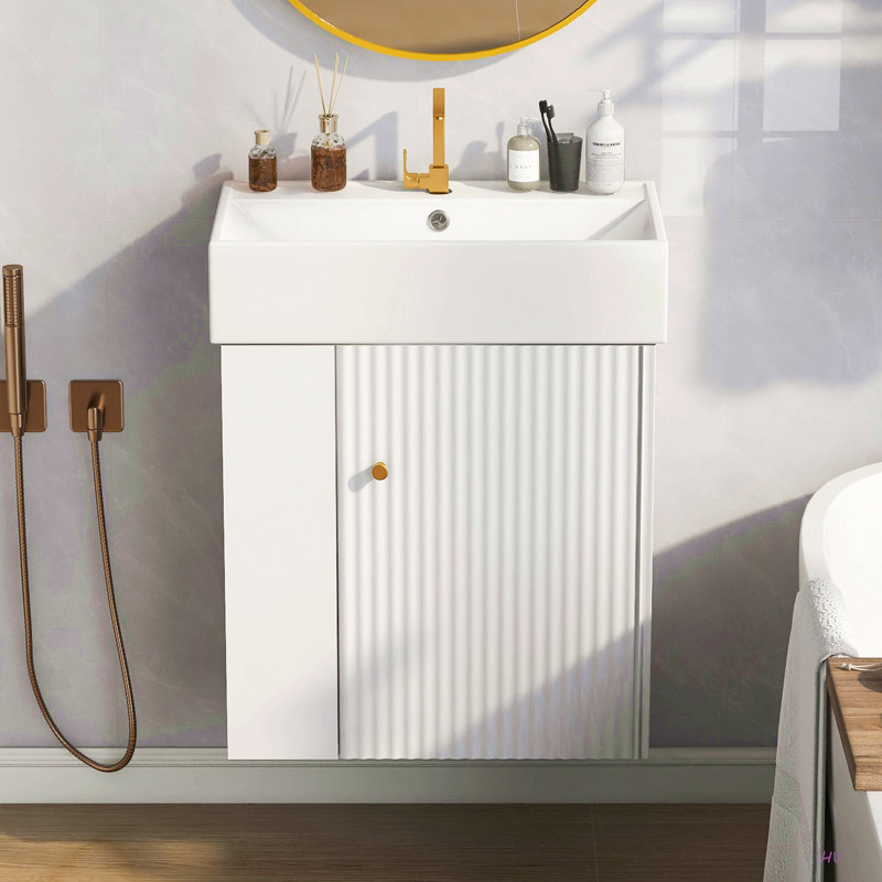 Meuble-lavabo flottant moderne de 21,6 po avec lavabo en céramique - parfait pour les petites salles de bain, rangement à gauche