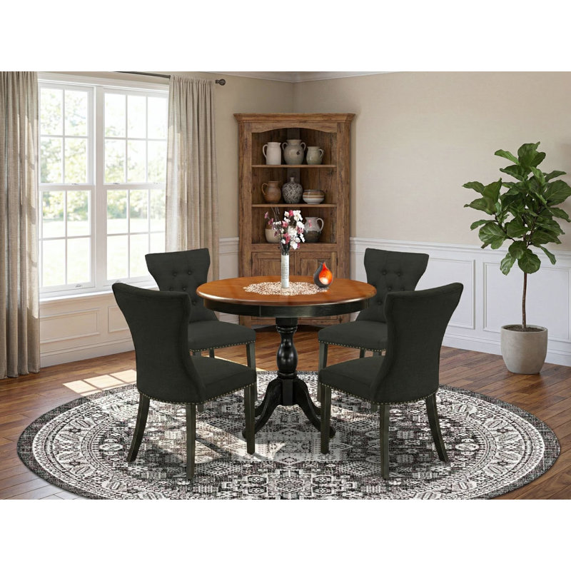 5-Piece Dinette Set Consists of a Modern Dining Table and 4 Black Linen Fabric Upholstered Dining Chairs with Button Tufted Back - Black Finish