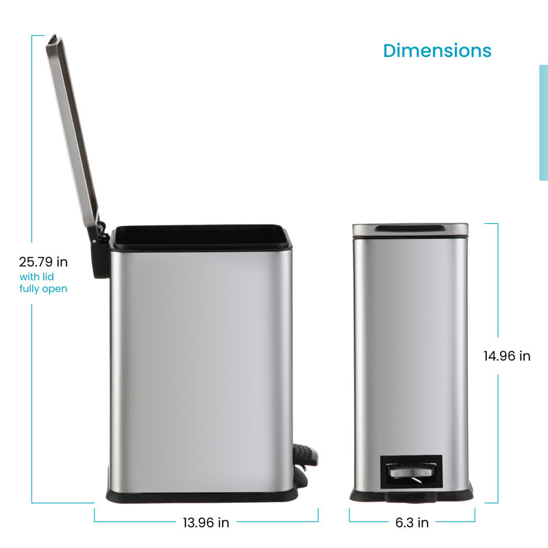 Home Zone Living 3 Gallon Slim Stainless Steel Trash Can with Soft-Close Lid and Step Pedal