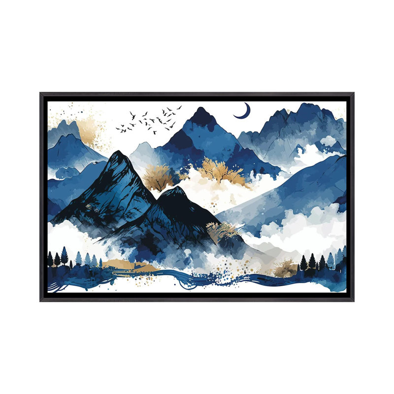 Montagnes bleues, Toile encadrée flottante noire patinée, Pas de tapis, H 26 po x l 40 po x P 1,5 po