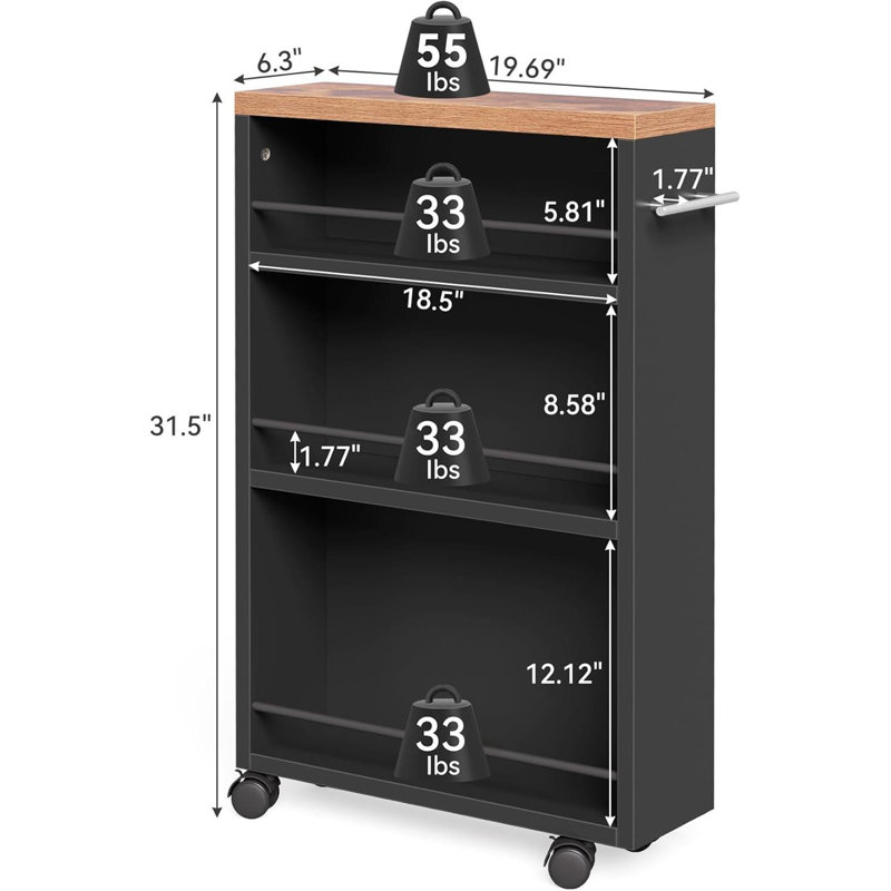 Slim Rolling Storage Cart, 3 Tier Snack Cart With Wheels For Kitchen, 6.3 Inch Wide Bathroom Organizer Shelves, Wooden Utility Cart For Laundry Room, Black