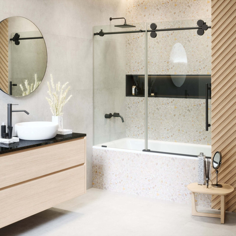 60'' W x 66'' H Single Sliding Frameless Tub Door, Black