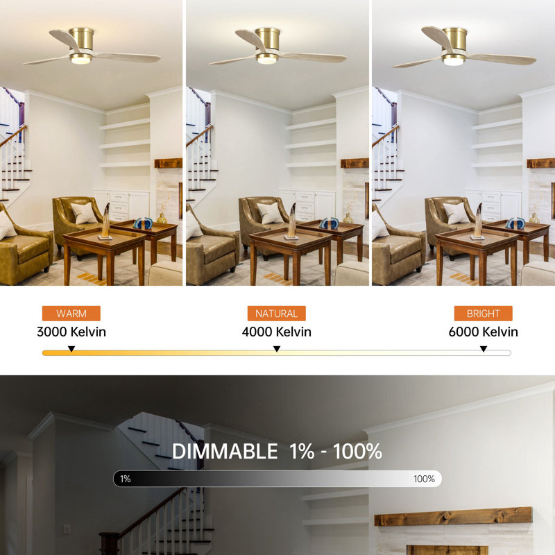 52" 3 - Blade Low Profile Smart Ceiling Fan With LED Lights And Remote Control Included