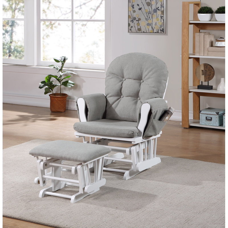 Fauteuil coulissant et repose-pieds Jeniqua en bois et tissu pour le salon, Tissu gris, Blanc