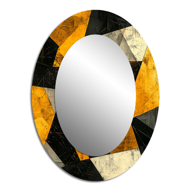 Black Yellow Fragmentation Abstract Shapes V - Large Oval Wall Mirror On Metal, 40" x 30"
