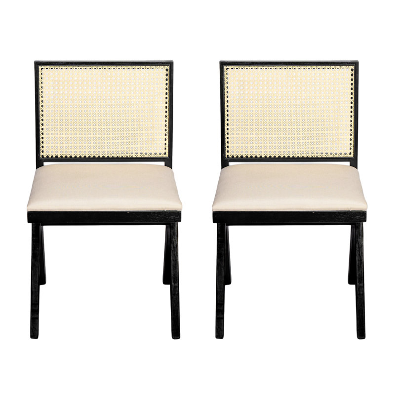 Chaises de salle à manger Chandigarh, chaises d'appoint rembourrées Cane (ensemble de 2), cannes noires + cannes naturelles + coussin gris
