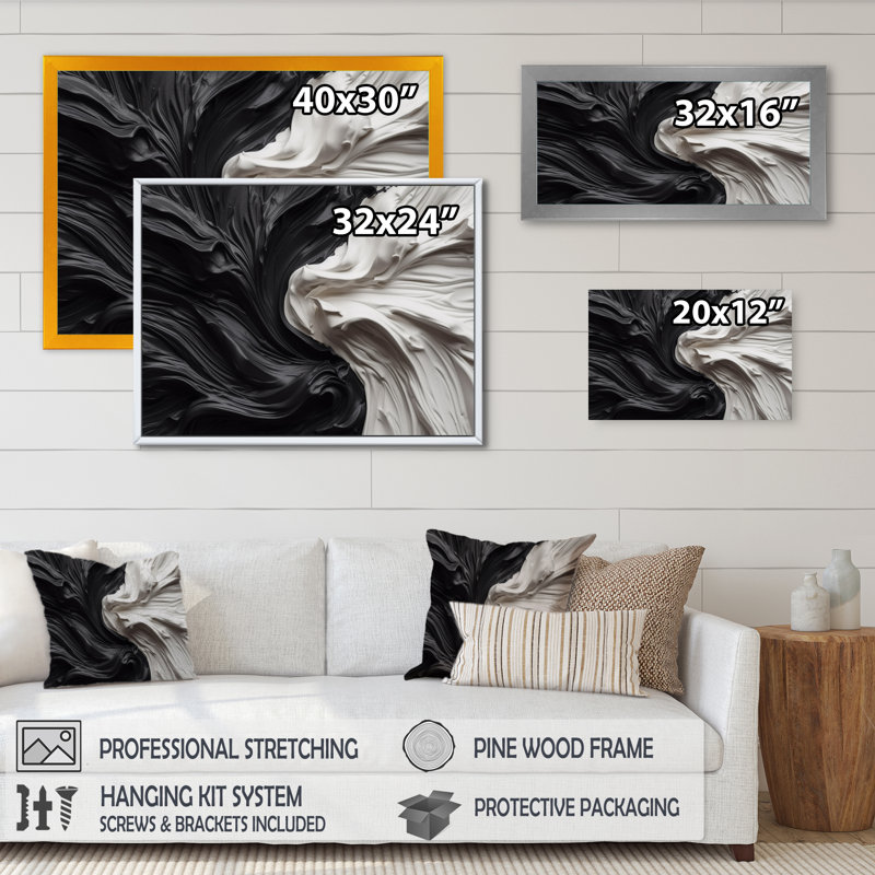 "Dreamscape V" marbré noir et blanc, reproduction sur toile, Cadre simple noir, H 12 po x l 20 po x P 1 po