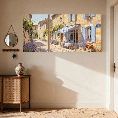 Scenic &Cityscapes Sunlit Village Street With Lavender And Cafe Set of 3 Canvas Wall Art Prints