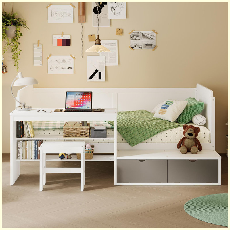 Wooden Twin Size Daybed with Storage Shelves and Lockers, Multi-functional Bed with Study Desk and Matching Stool, White