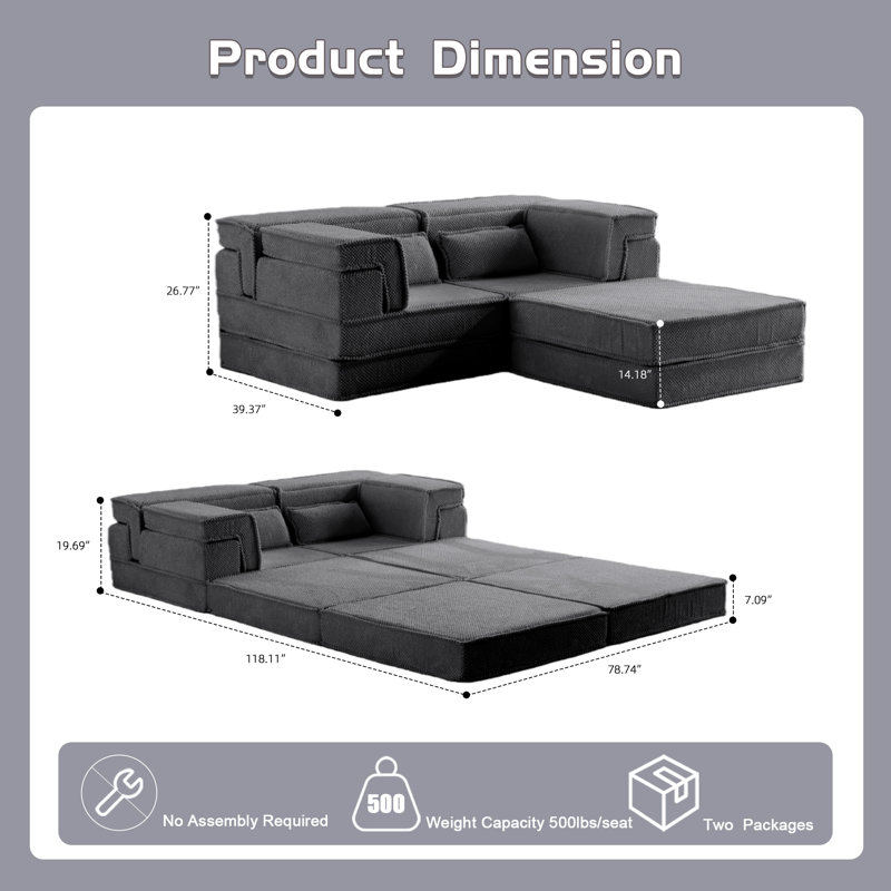 Compression Mahjong Sofa,Convertible Floor Sofa Bed,DIY Boneless Modular Sectional Sofa,No Assembly Required,Circle fleece fabric,Oversized 2 Seater with 1 Ottoman,Dark-grey