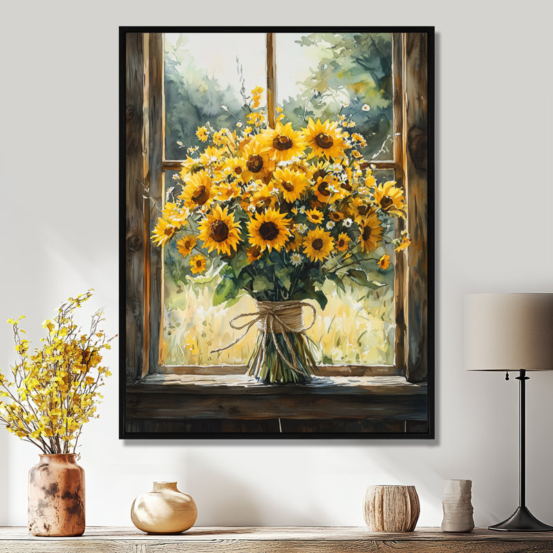 Tournesol Lignite et bouquet de pivoines à la grange I - art mural tournesols pour le salon, H 32 po x l 24 po