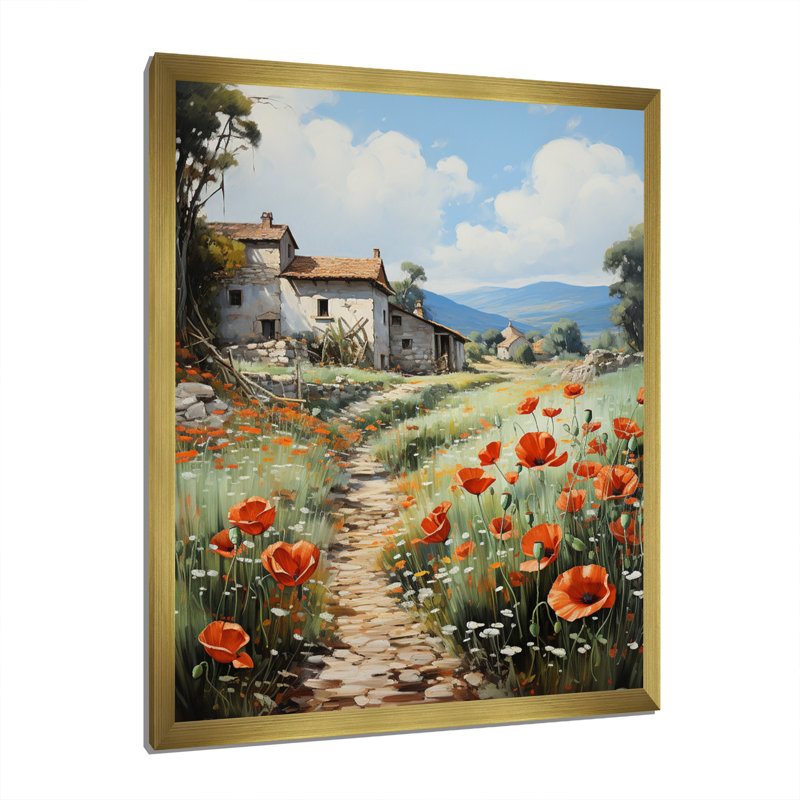 Poppy Field In Farm - Floral & Botanical Wall Art Living Room, H 32 po x l 24 po x P 1 po, Encadrement doré