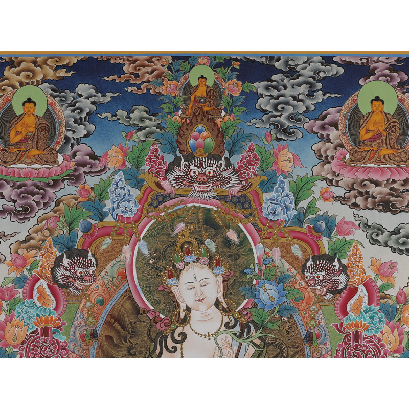 Thangka «Tara blanche - mère aux multiples yeux» peinte à la main | Toile de coton H 35 po x l 24,8 po avec feuille d'or véritable 24 carats