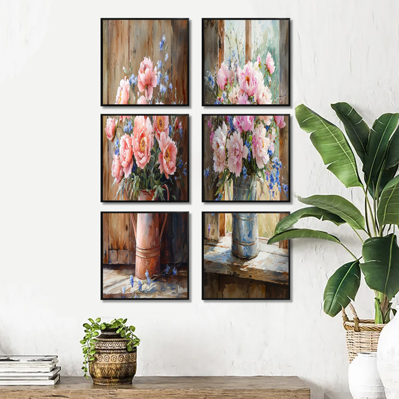 Bouquet de pivoines Country Bloom - ensemble d'art mural en toile florale de 6, Impression encadrée sans passe-partout, Noir