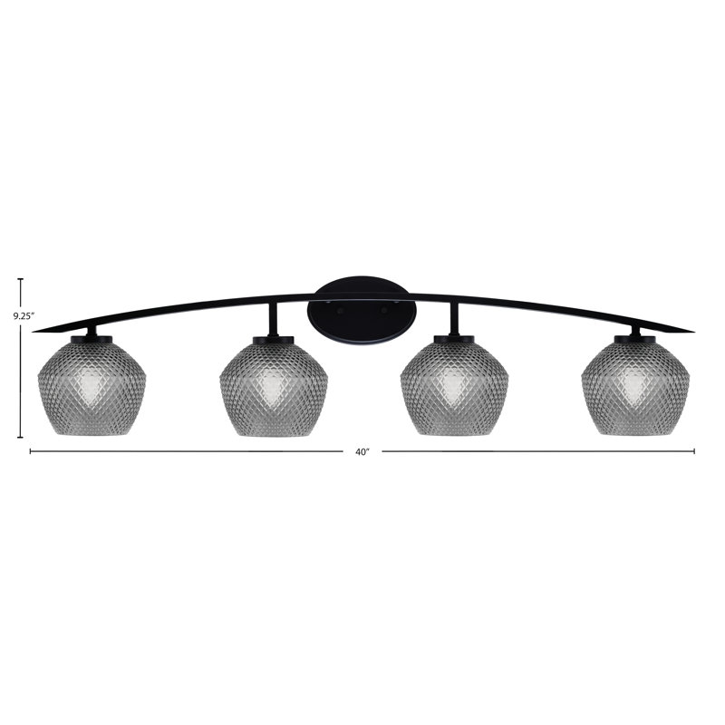 Barre d'éclairage de salle de bain 4 lumières avec verre texturé fumé 6 po Kurve, Noir mat