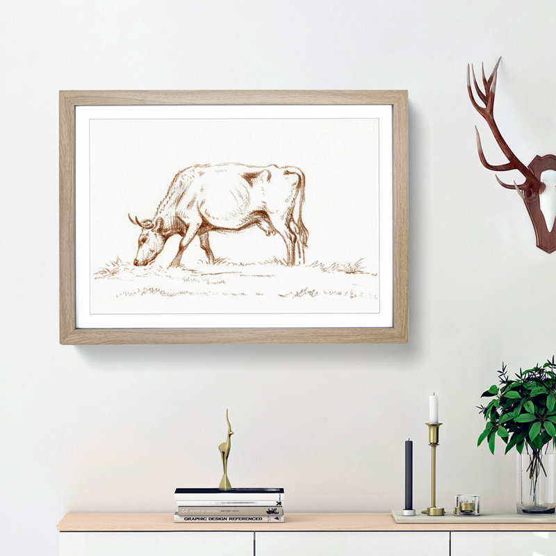 Grazing Cow by Jean Bernard - Picture Frame Drawing Print, 27cm H x 36cm W x 2cm D, Oak Framed