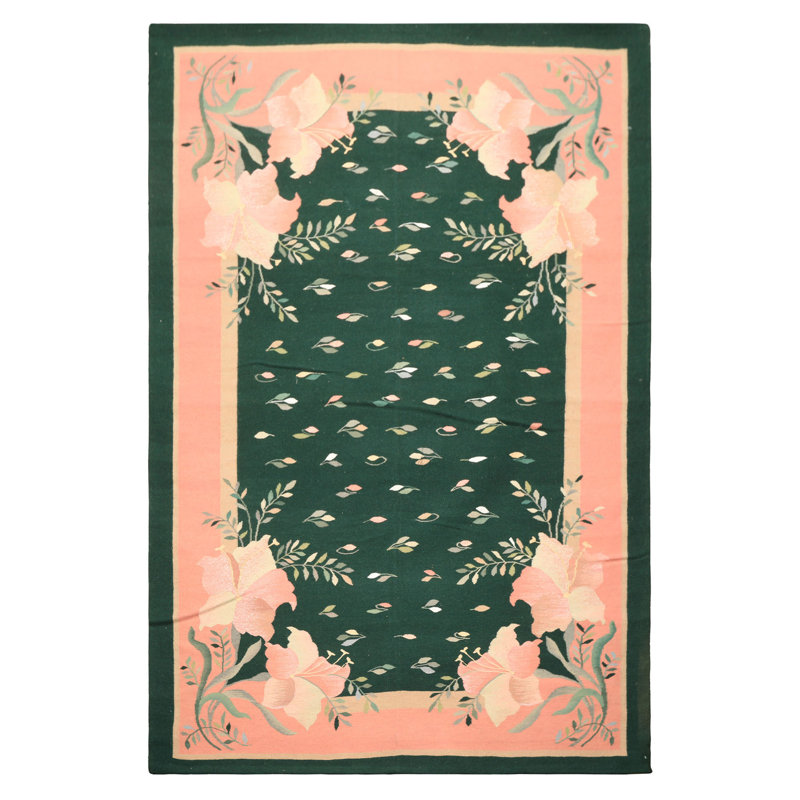 Tapis traditionnel en laine tissé à la main vert 6 x 9 Durry Kilim