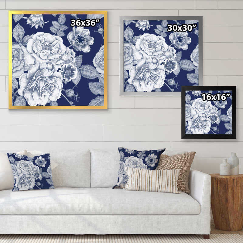 «White Vintage Flowers On Classic Blue I», reproduction d'art sur toile, H 16 po x l 16 po x P 1 po, Cadre photo blanc