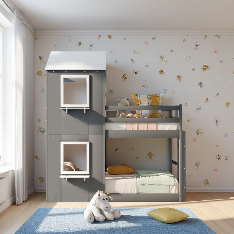 Lit superposé simple au-dessus d'un lit simple en bois avec toit, fenêtre, garde-corps et échelle, Gris