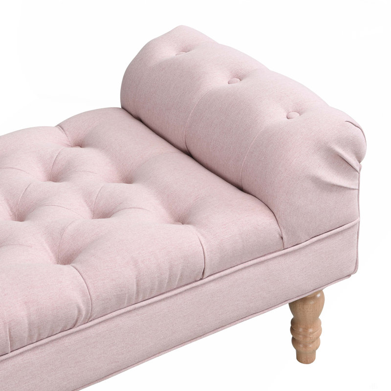 Averleigh Button-Tufted Upholstered End Of Bed Bench With Rolled Arms And Turned Wood Legs, Pink, Brown
