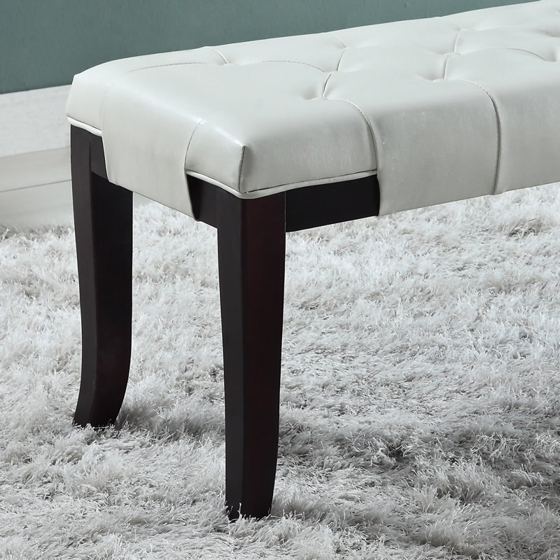 Solid Wood Upholstered Tufted Bench, White Leather