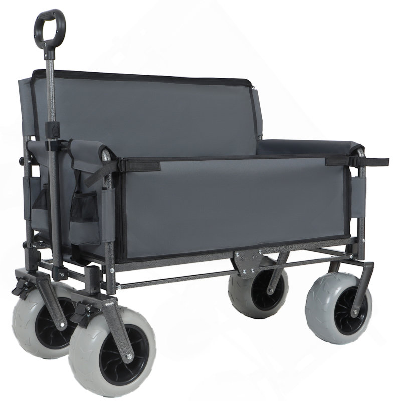 Chariot pliant 3 en 1 avec siège de banc - capacité de 500 lb, pneus de plage 9 po x 4 po pour le camping et la plage, gris