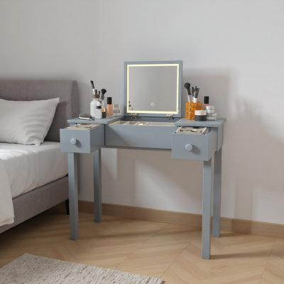 Grey Make Up Vanity With Led Lights And Flip-Top Mirror